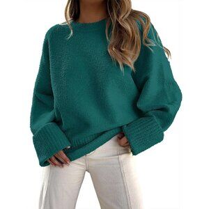 Women's Dark Green Oversized Long Sleeve Casual Fuzzy Knit Sweater